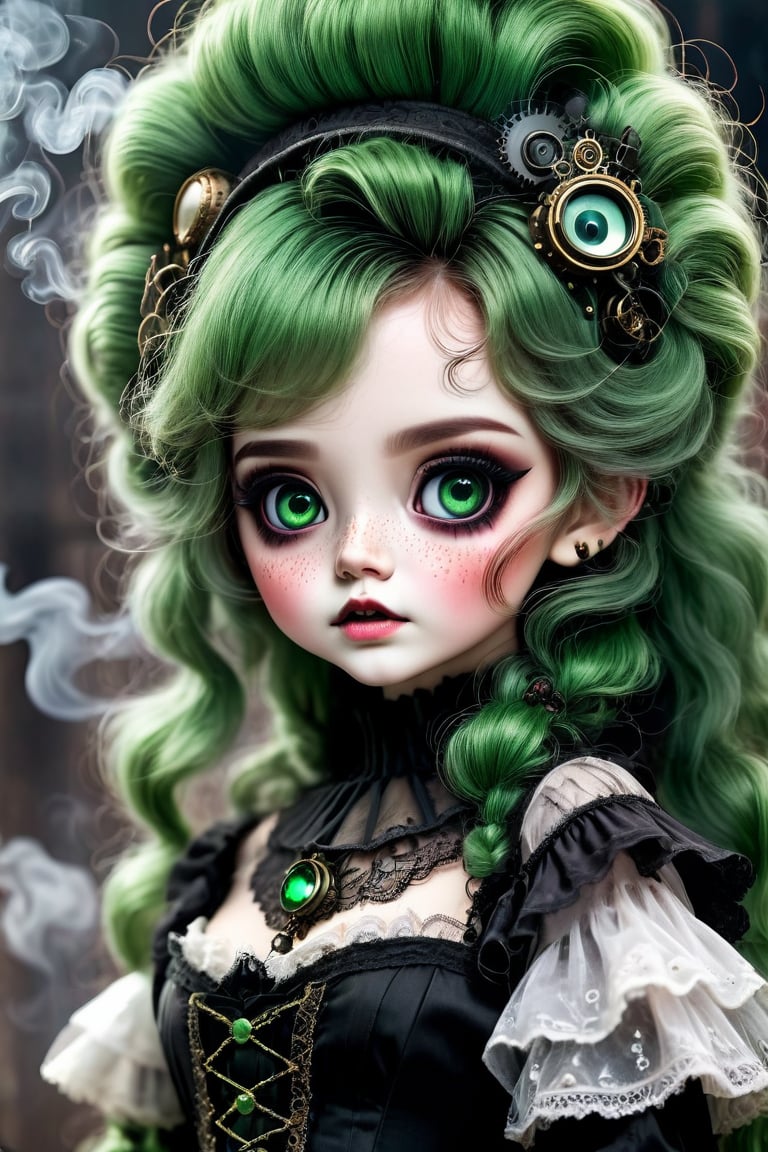 （best quality,masterpiece：1.2,detailed details）,（strange doll girl,big eyes,small freckles, Fluffy green hair,have）,（dark Gothic,steampunk gothic victorian style）, dark, engulfed in smoke