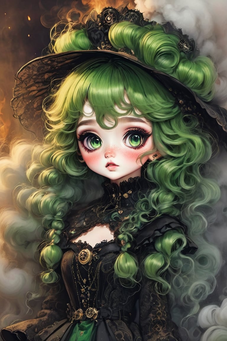 （best quality,masterpiece：1.2,detailed details）,（strange doll girl,big eyes,small freckles, Fluffy green hair,have）,（dark Gothic,steampunk gothic victorian style）, dark, engulfed in smoke