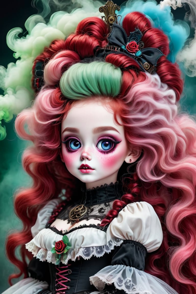 best quality,masterpiece：1.2,detailed details,Ghost doll girl,big eyes,small freckles, halloween costume,Red hair,Gothic,steampunk gothic victorian style, Dark, psychology, Surrealism, sublimation, subconsciousness, sentiment, enthusiasm, pink、White and red details, Rose background,Green smoke from hair, Blue smoke background, Soft red and blue light,