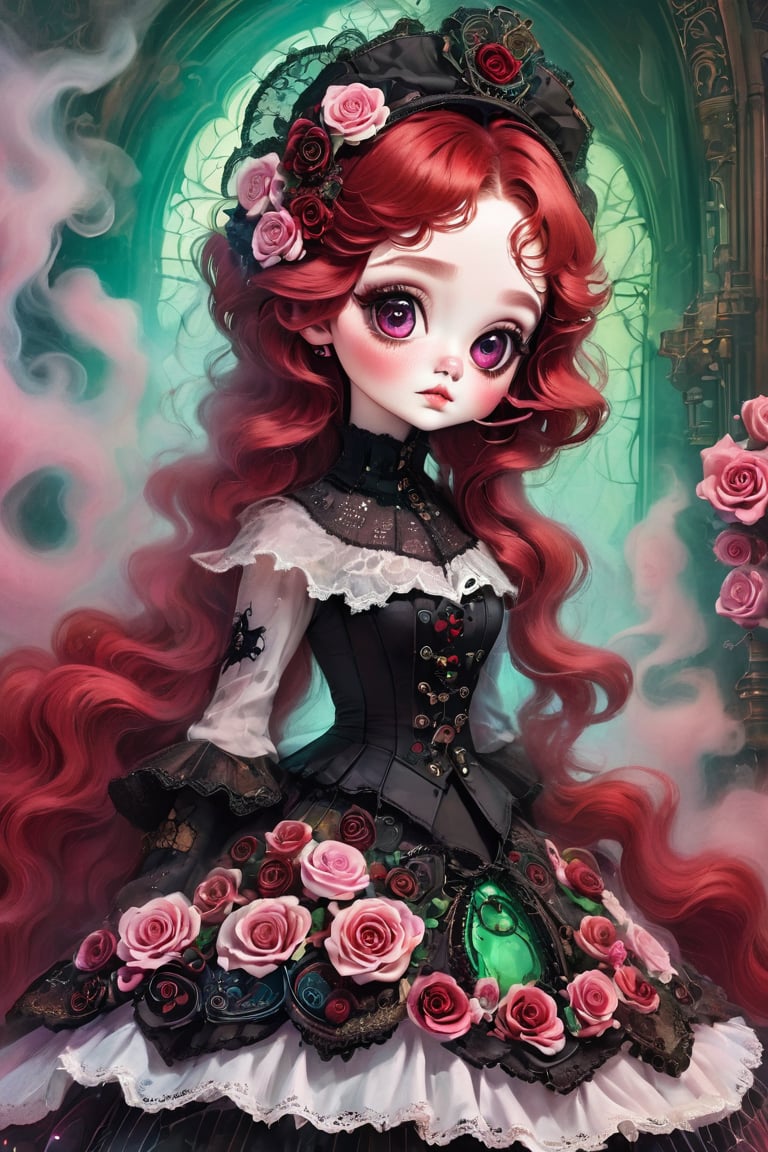 best quality,masterpiece：1.2,detailed details,Ghost doll girl,big eyes,small freckles, halloween costume,Red hair,Gothic,steampunk gothic victorian style, Dark, psychology, Surrealism, sublimation, subconsciousness, sentiment, enthusiasm, pink、White and red details, Rose background,Green smoke from hair, Blue smoke background, Soft red and blue light,