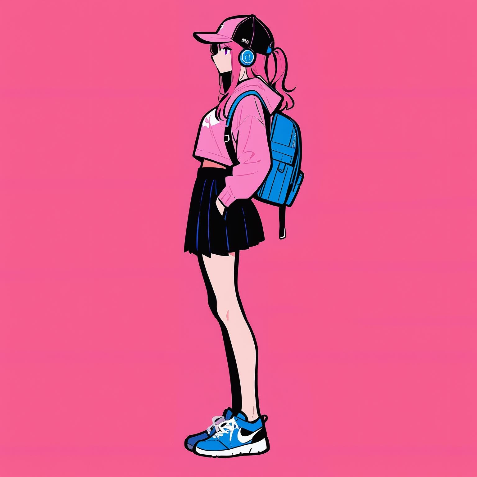 Masterpiece, best quality, simple background,red background,flat color,1girl, solo, backpack, long hair,blue footwear, shoes,full body, skirt,  pink headwear, from side, hood, black skirt,baseball cap,headphones,<lora:Autodl1956-000018:0.8>