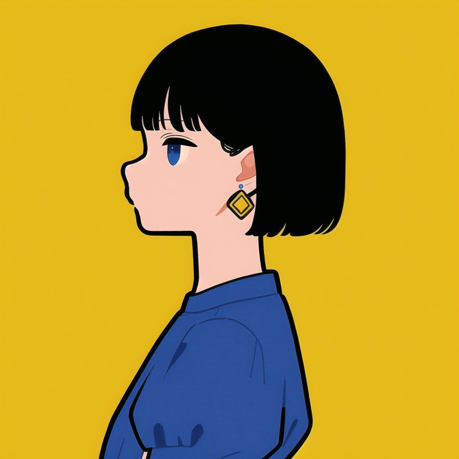 1girl, solo, short hair, profile, from side, black hair, short sleeves, yellow background, simple background, upper body, puffy sleeves, orange theme, blue dress, shirt, bangs, puffy short sleeves, dress, white shirt, blue eyes, shadow, frills, earrings,<lora:CleanLineArt-000011:0.8>