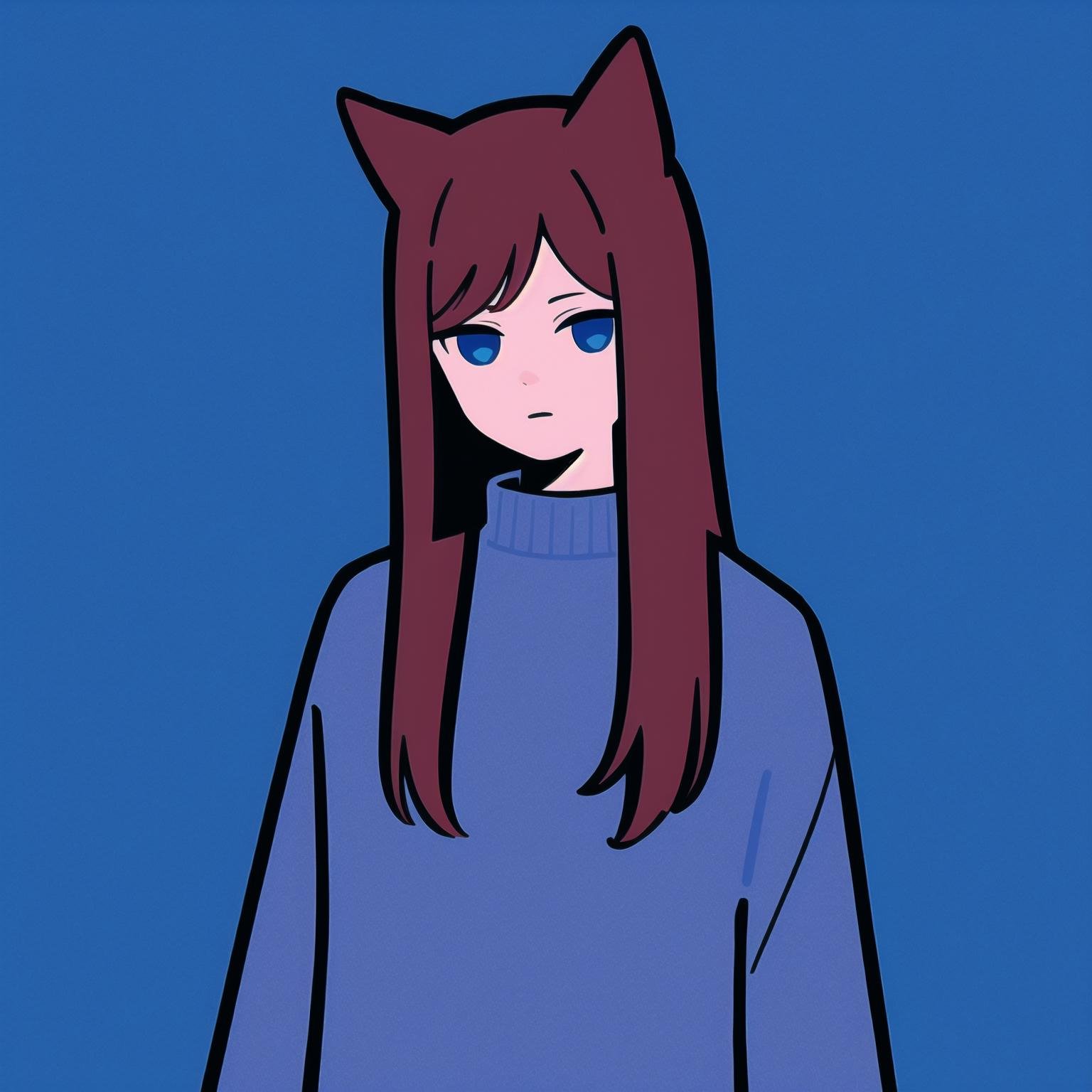 1girl, solo, blue background, two-tone background, simple background, flat color, raifu, dark red hair, straight hair, long hair, blue eyes, cat ears, white sweater, (bare legs:0.3),<lora:CleanLineArt-000011:0.8>