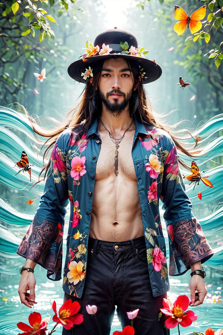 long hair, beard, colorful cinematic, petals, holding, tattoo, ripples, hat, breasts, bug