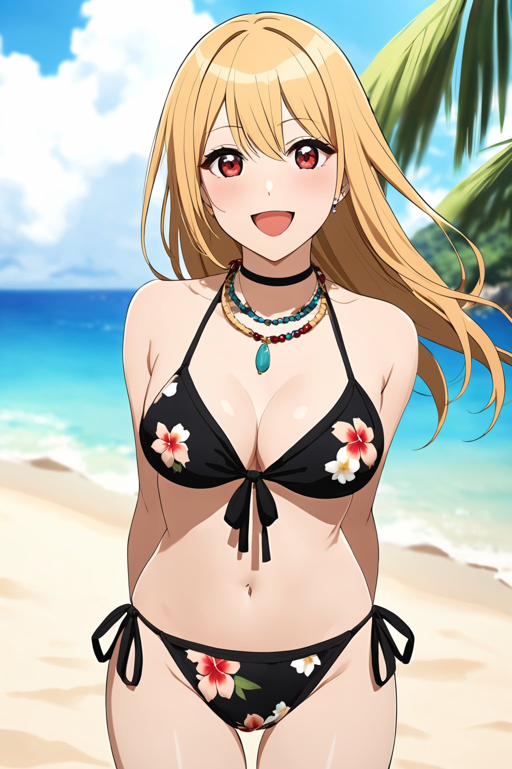 masterpiece, best quality, highres, kitagawa_marin, 1girl, blonde hair, long hair, multicolored hair, red eyes, jewelry, necklace, choker, black bikini, floral print, bracelet, side-tie bikini bottom, , cowboy shot, beach, arms behind back, smile, open mouth, medium_breasts, blurry, blurry_background<lora:EMS-314358-EMS:1.000000>