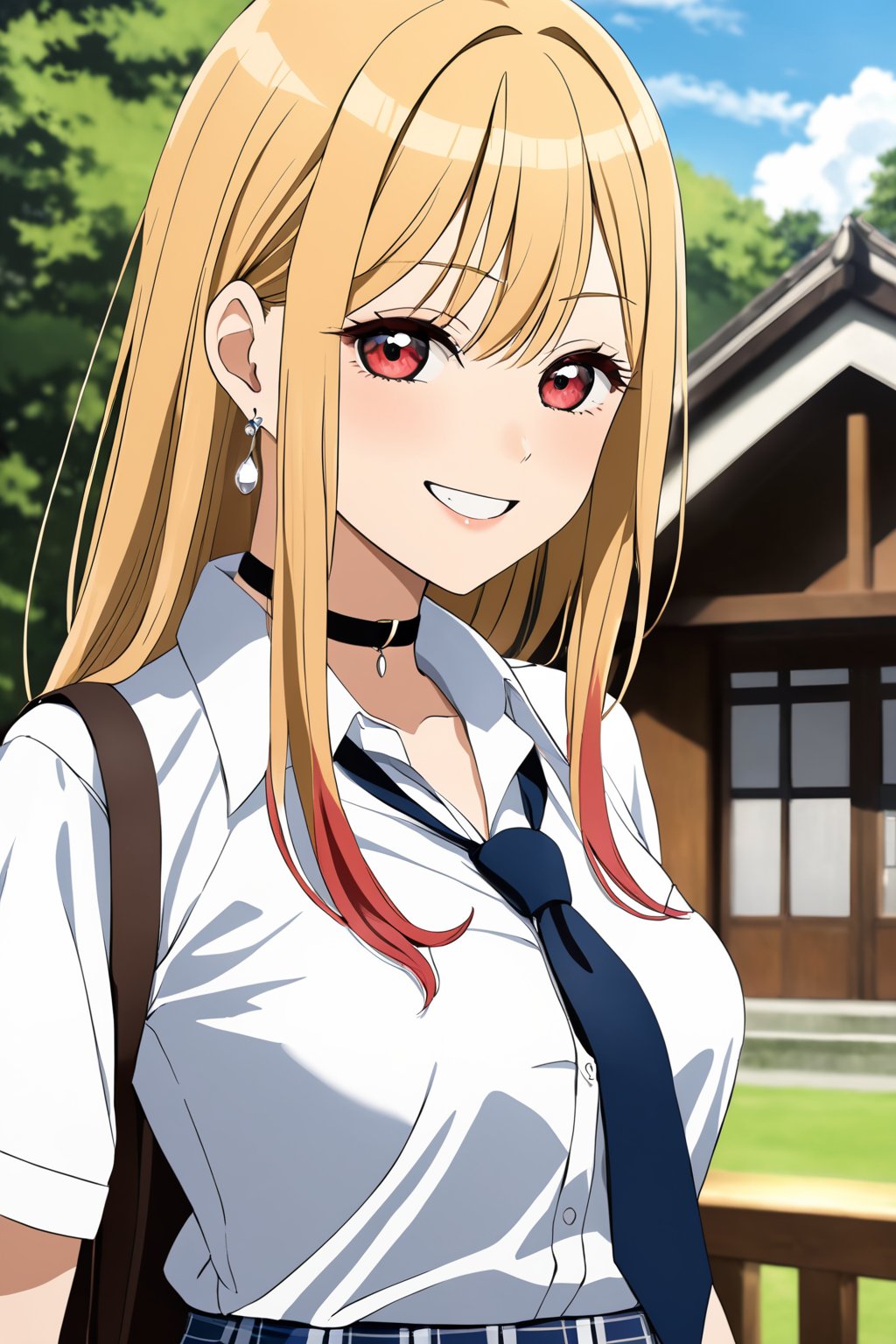 masterpiece, best quality, highres, kitagawa_marin, 1girl, blonde hair, long hair, multicolored hair, red eyes, jewelry, earrings, piercing, school uniform, white shirt, tied shirt, black choker, blue necktie, plaid skirt, grin, smile, standing, cowboy shot, outdoors, blurry, blurry_background,kitagawa_marin,kitagawa_marin<lora:EMS-314358-EMS:1.000000>