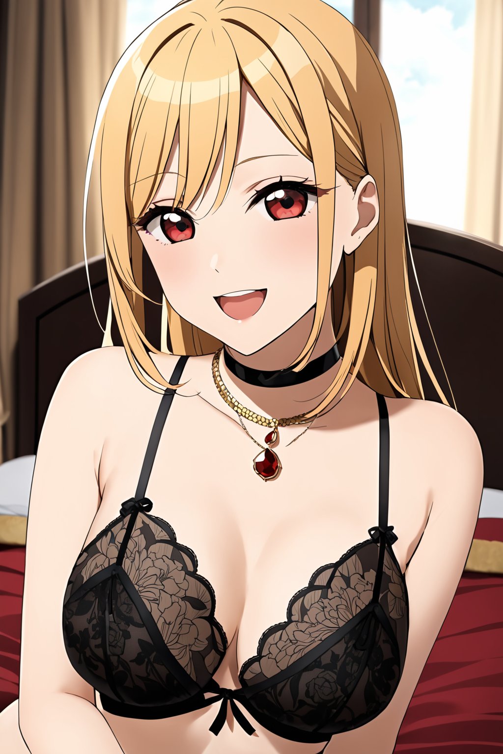 masterpiece, best quality, highres, kitagawa_marin, 1girl, blonde hair, long hair, multicolored hair, red eyes, jewelry, necklace, choker, lingerie, black lingerie, floral print, bracelet, cowboy shot, indoors, bed, sitting, smile, open mouth, medium_breasts, blurry, blurry_background<lora:EMS-314358-EMS:1.000000>