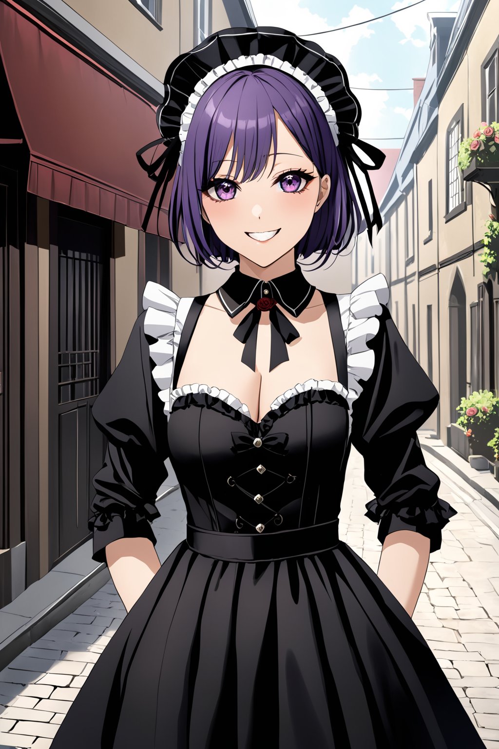 masterpiece, best quality, highres, kitagawa_marin, 1girl, purple hair, medium hair, purple eyes, bonnet, red rose, collar, gothic, frills, black dress, black necktie, cleavage, long sleeves, white apron, thighhighs, grin, arms behind back, street, cowboy shot<lora:EMS-314358-EMS:1.000000>