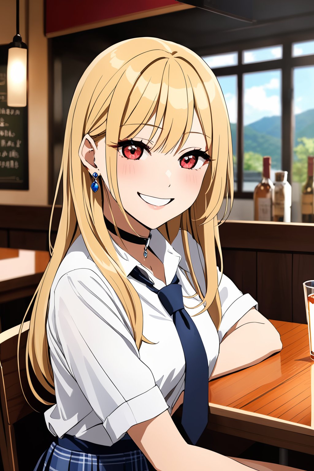 masterpiece, best quality, highres, kitagawa_marin, 1girl, blonde hair, long hair, multicolored hair, red eyes, jewelry, earrings, piercing, school uniform, white shirt, tied shirt, black choker, blue necktie, plaid skirt, grin, smile, sitting, cowboy shot, restaurant, food, looking_at_viewer, blurry, blurry_background<lora:EMS-314358-EMS:1.000000>