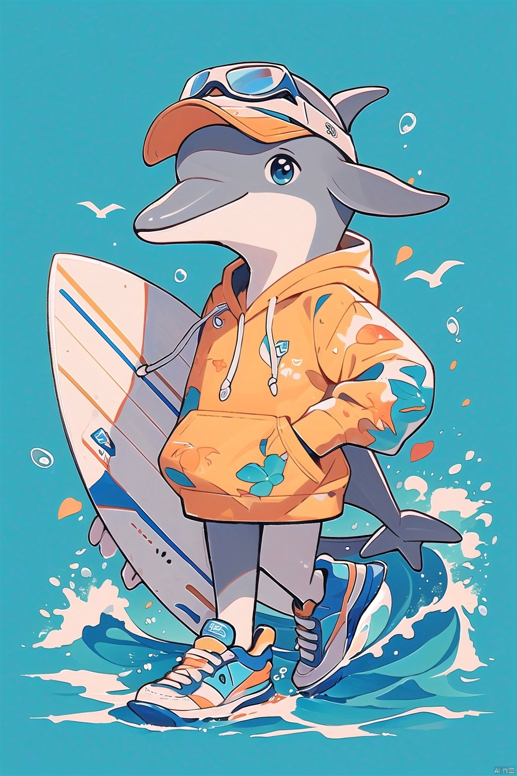 (\lang lang\), surfboard, hat, blue eyes, holding, shoes, blue background, floral print, solo, water, hood, sneakers, baseball cap, starfish, furry, sunglasses, white headwear, shirt, blue footwear, full body, hood down, whistle, standing, looking at viewer, bird, hoodie, dolphin, eyewear on headwear, male focus, waves, goggles