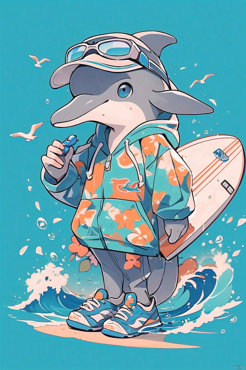 (\lang lang\), surfboard, hat, blue eyes, holding, shoes, blue background, floral print, solo, water, hood, sneakers, baseball cap, starfish, furry, sunglasses, white headwear, shirt, blue footwear, full body, hood down, whistle, standing, looking at viewer, bird, hoodie, dolphin, eyewear on headwear, male focus, waves, goggles