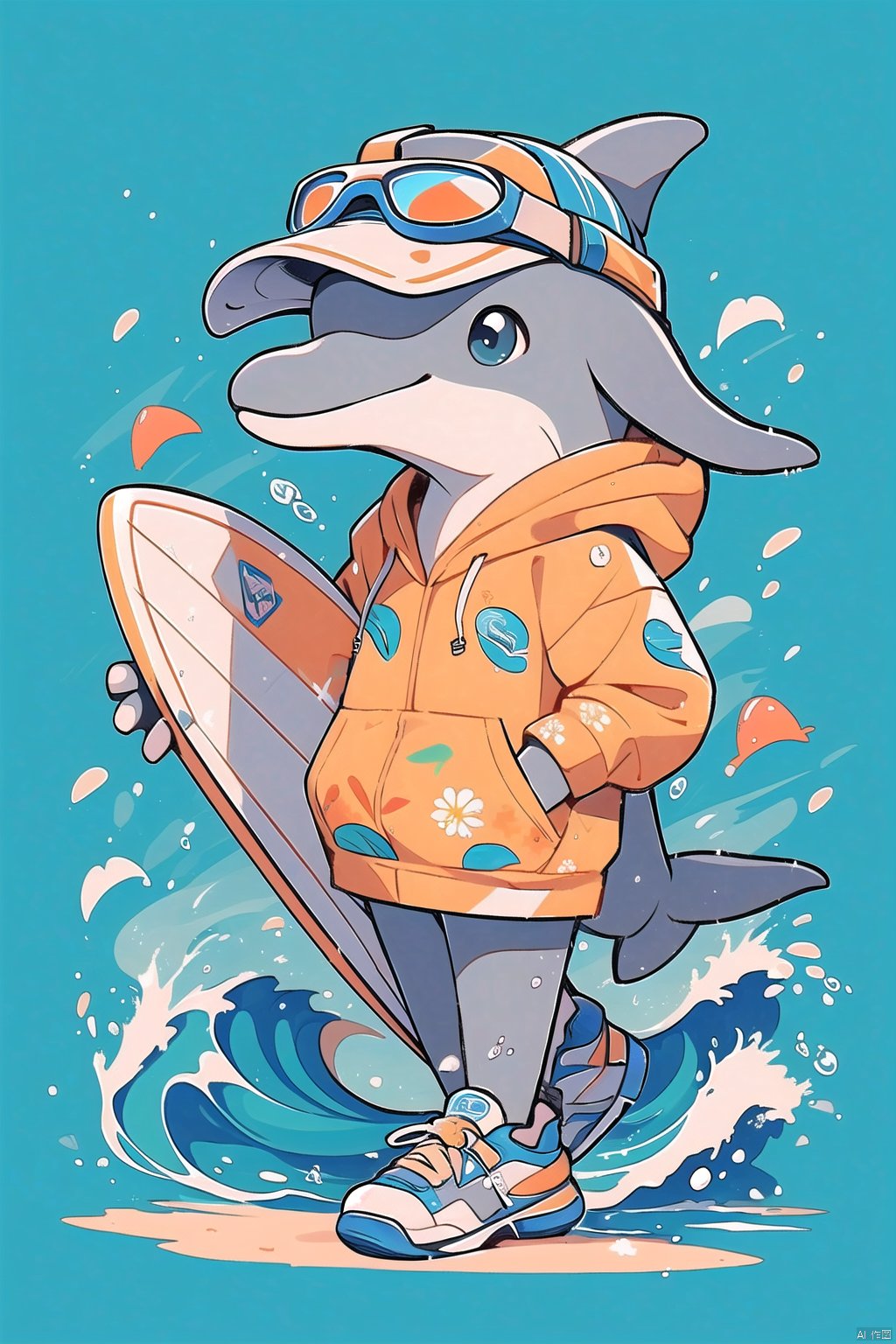 (\lang lang\), surfboard, hat, blue eyes, holding, shoes, blue background, floral print, solo, water, hood, sneakers, baseball cap, starfish, furry, sunglasses, white headwear, shirt, blue footwear, full body, hood down, whistle, standing, looking at viewer, bird, hoodie, dolphin, eyewear on headwear, male focus, waves, goggles