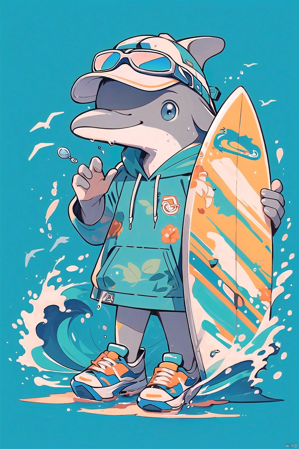 (\lang lang\), surfboard, hat, blue eyes, holding, shoes, blue background, floral print, solo, water, hood, sneakers, baseball cap, starfish, furry, sunglasses, white headwear, shirt, blue footwear, full body, hood down, whistle, standing, looking at viewer, bird, hoodie, dolphin, eyewear on headwear, male focus, waves, goggles