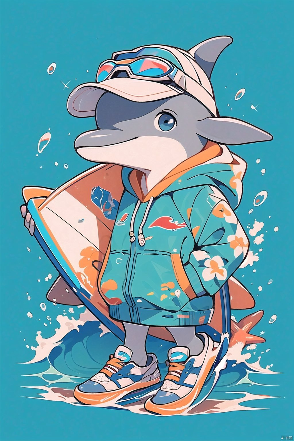 (\lang lang\), surfboard, hat, blue eyes, holding, shoes, blue background, floral print, solo, water, hood, sneakers, baseball cap, starfish, furry, sunglasses, white headwear, shirt, blue footwear, full body, hood down, whistle, standing, looking at viewer, bird, hoodie, dolphin, eyewear on headwear, male focus, waves, goggles