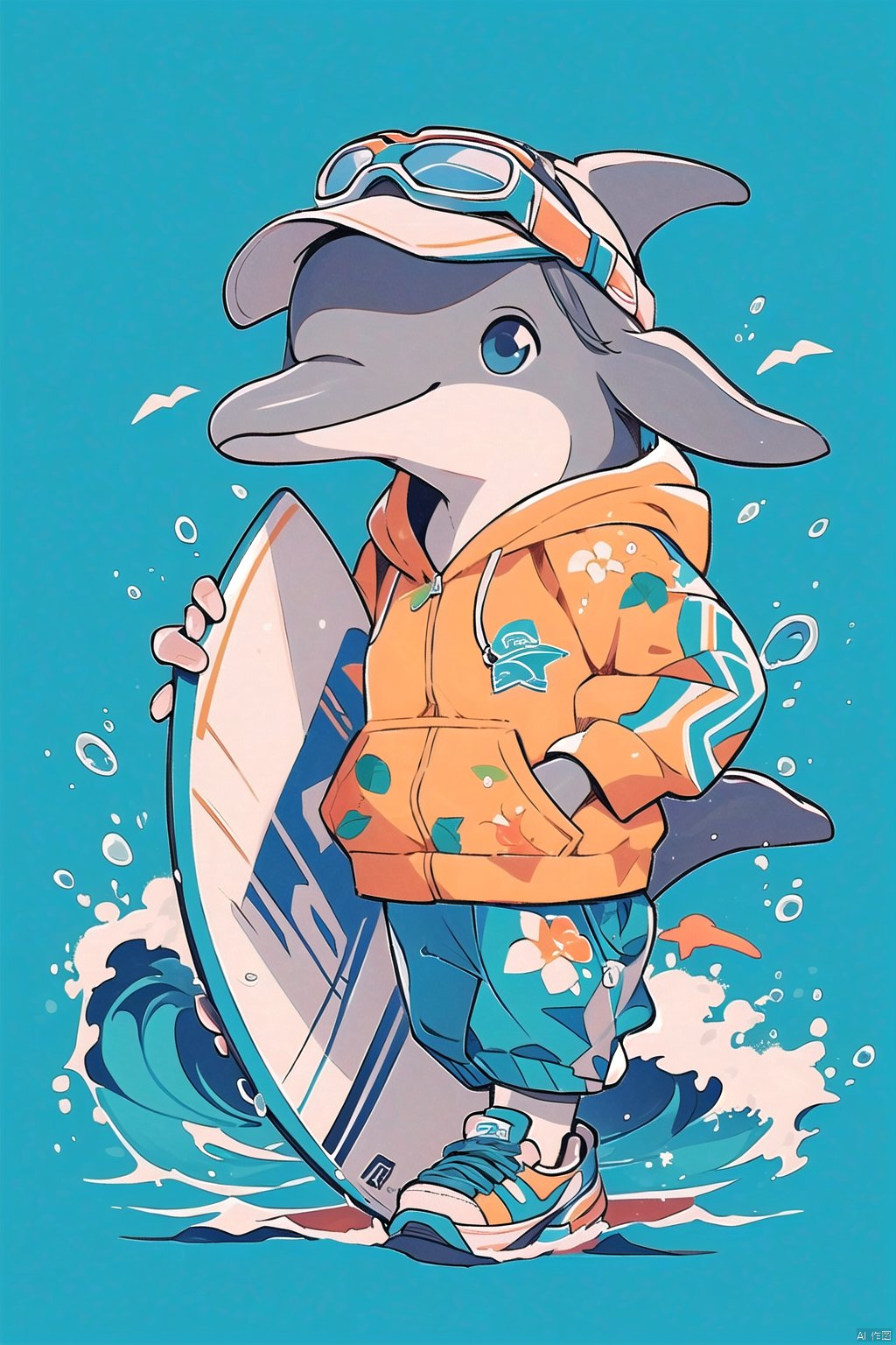 (\lang lang\), surfboard, hat, blue eyes, holding, shoes, blue background, floral print, solo, water, hood, sneakers, baseball cap, starfish, furry, sunglasses, white headwear, shirt, blue footwear, full body, hood down, whistle, standing, looking at viewer, bird, hoodie, dolphin, eyewear on headwear, male focus, waves, goggles