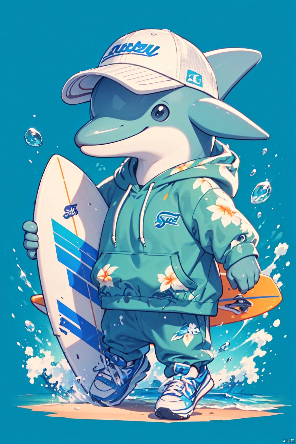 (\lang lang\), surfboard, hat, solo, holding, shoes, blue background, furry, water, hood, hood down, white headwear, furry male, male focus, baseball cap, full body, hoodie, floral print, sneakers, standing, skateboard, smile, long sleeves, blue theme, whistle, clothed pokemon, simple background, 1boy, shirt, blue hoodie, inflatable toy