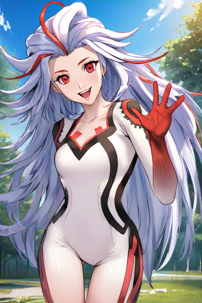Ai-ba, 1girl, solo, alone, glowing eyes, long hair, streaked hair, red eyes, smile, happy, open mouth, white dress, skin_tight, (red gloves), leg tattoo, bare legs, barefoot, reaching towards viewer, (standing, full body), looking at viewer, (outdoors), park, sunny day, blue sky, trees, (cinematic lighting, perfect lighting, dramatic lighting