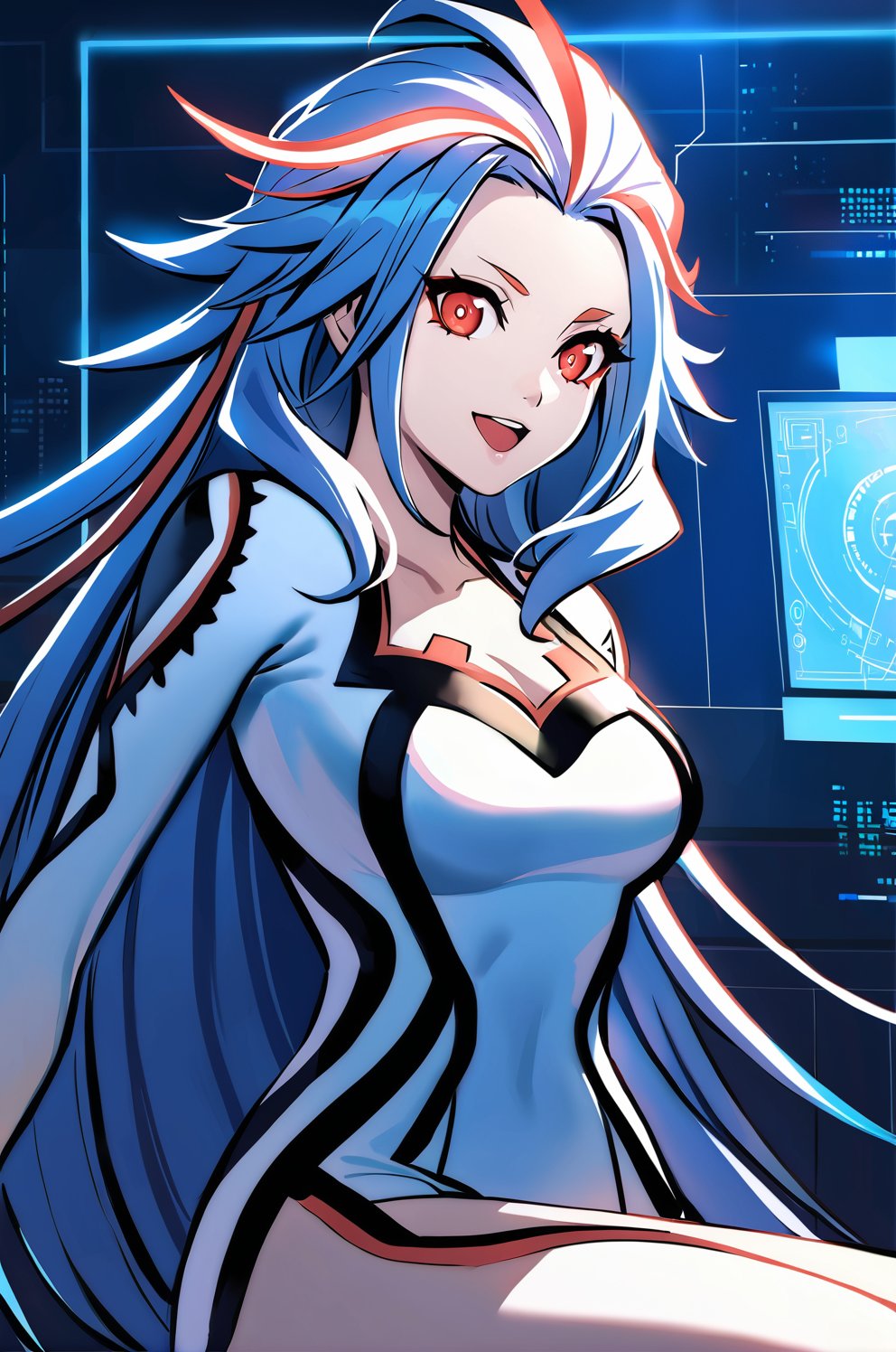 (extremely detailed fine touch:1.2), masterpiece, best quality, highly quality, BREAK, Ai-ba, 1girl, long hair, streaked hair, glowing eyes, red eyes, dress, bare legs, leg tattoo, standing, smile, open mouth, looking at viewer, BREAK, cybernetic background, cyberspace, hologram, ui, user interface, (cinematic lighting, dramatic lighting, epic lighting:1.2)<lora:EMS-314400-EMS:0.800000>, <lora:EMS-27279-EMS:0.500000>