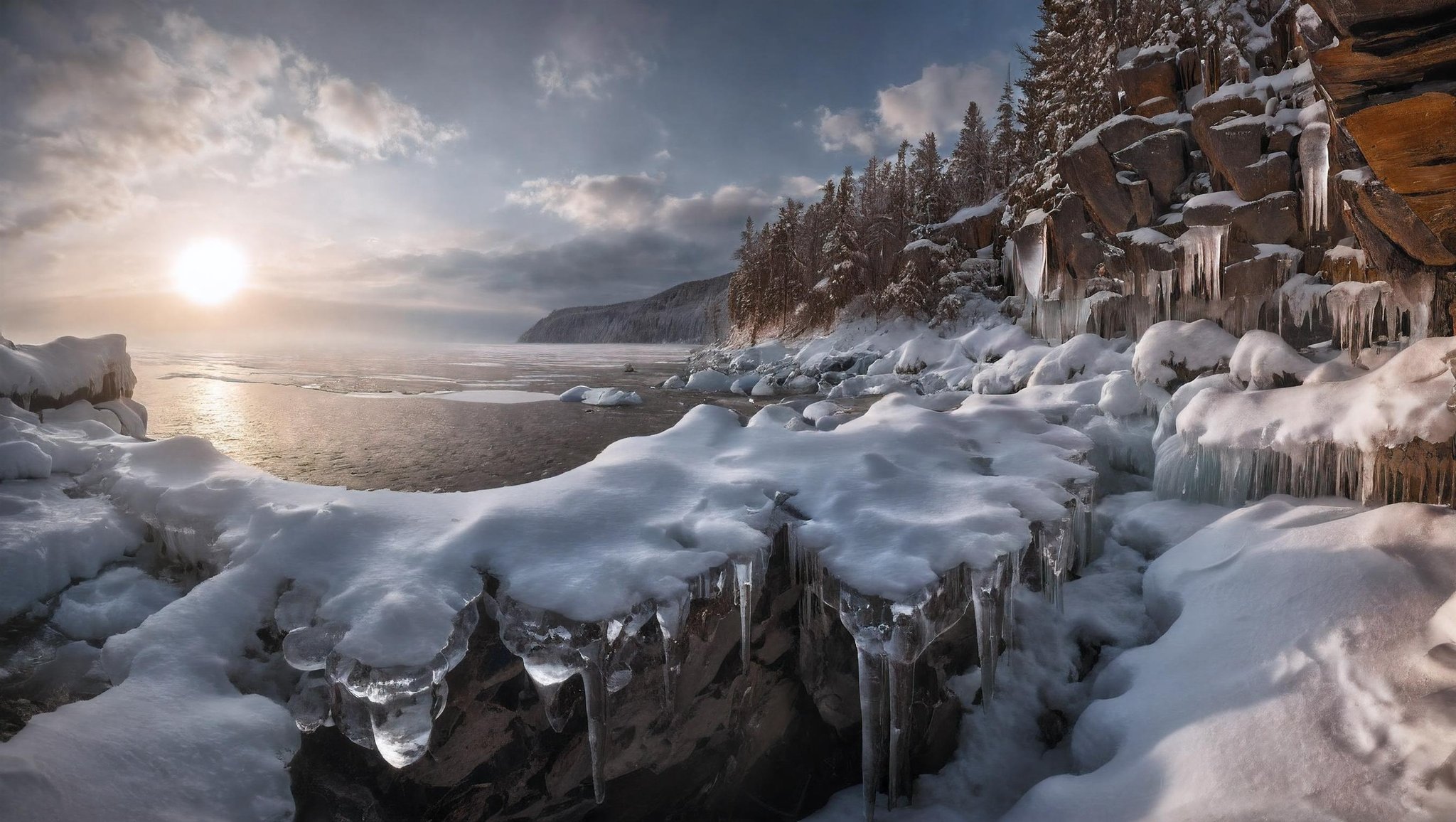 CINEMATIC SHOT, professional photo by Caravaggio of  wild nature, Russia, winter, snow, woods, valley, cliffs, sun kissed, icicles, dramatic clouds, rule of thirds, view from surface,  (by Christopher Nolan:1.4),F11,(DOF, Cinematic Color grading, intricate, hyper realistic, detailed, flickr, cinematic lighting)    <lora:Wild_nature_XL:1>