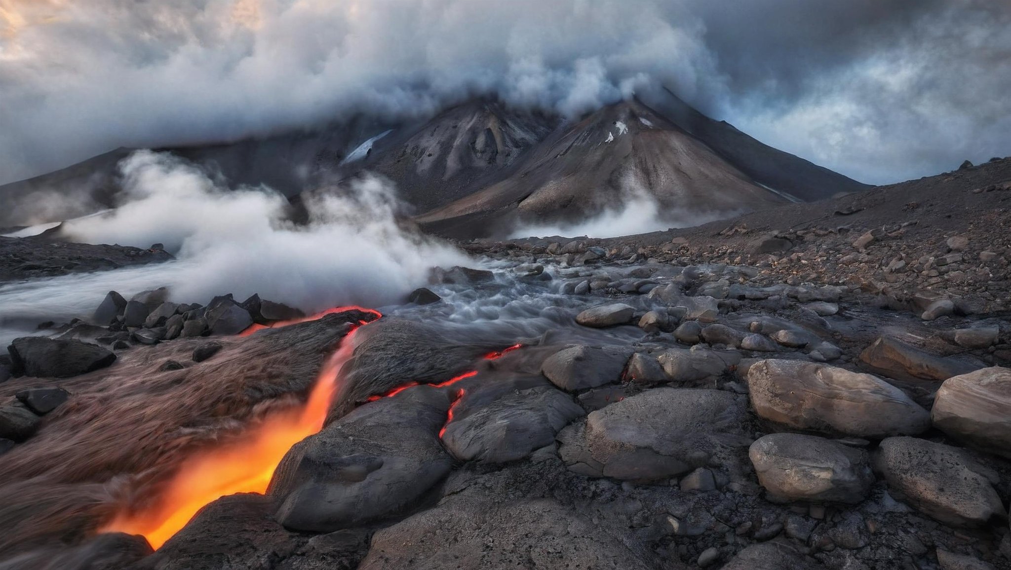 CINEMATIC SHOT, professional photo by Caravaggio of  wild nature, kamchatka, rock formations, cliffs, volcano hills, lava, fog, steam, dramatic clouds, rule of thirds, view from surface, mountains, (by Christopher Nolan:1.4),F11,(DOF, Cinematic Color grading, intricate, hyper realistic, detailed, flickr, cinematic lighting)    <lora:Wild_nature_XL:1>