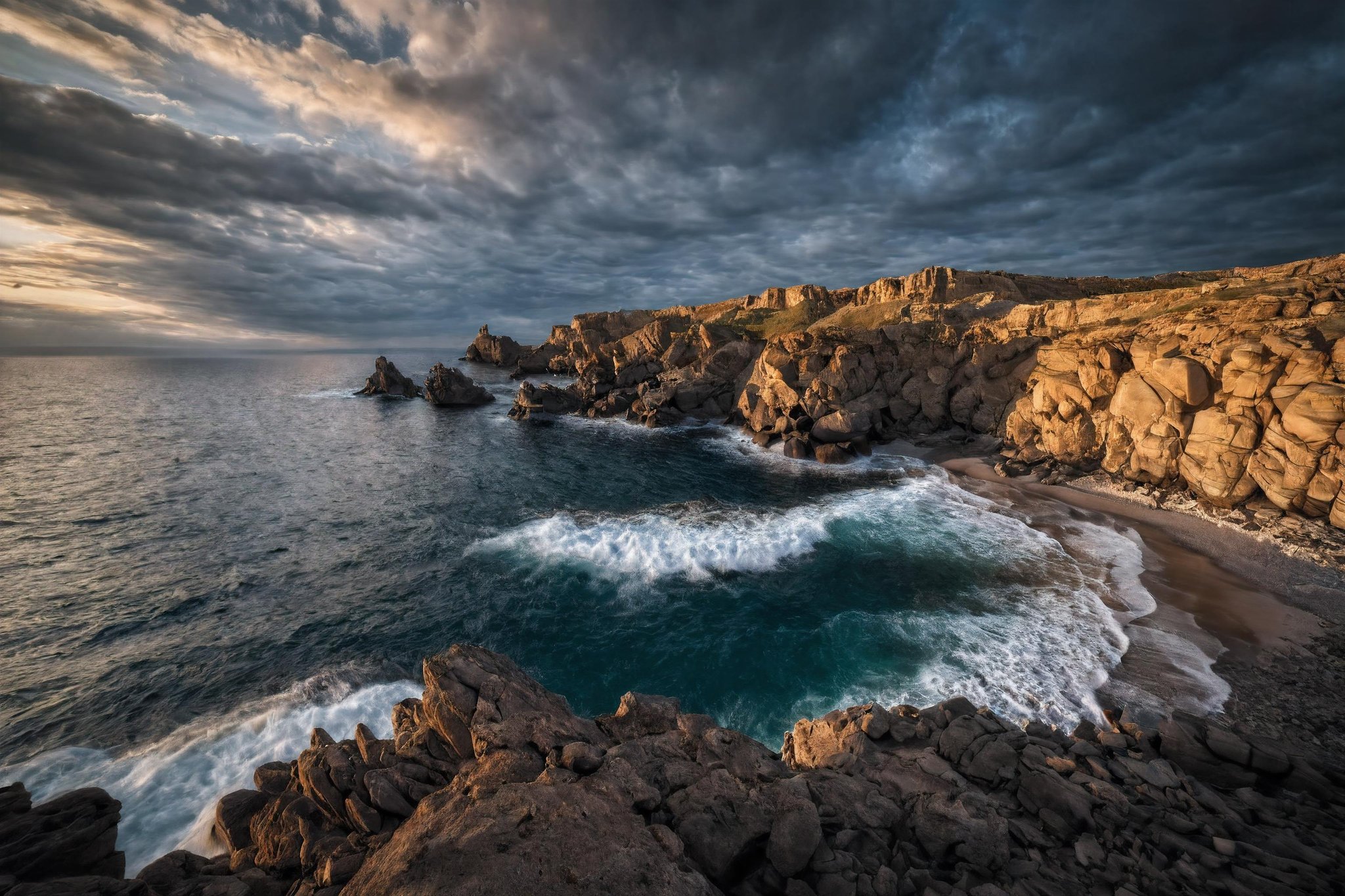 CINEMATIC SHOT, professional photo by Caravaggio of  wild nature, Sachalin, cliffs, rock formations, sea waves, dramatic clouds, rule of thirds, view from surface,  (by Christopher Nolan:1.4),F11,(DOF, Cinematic Color grading, intricate, hyper realistic, detailed, flickr, cinematic lighting)    <lora:Wild_nature_XL:1>