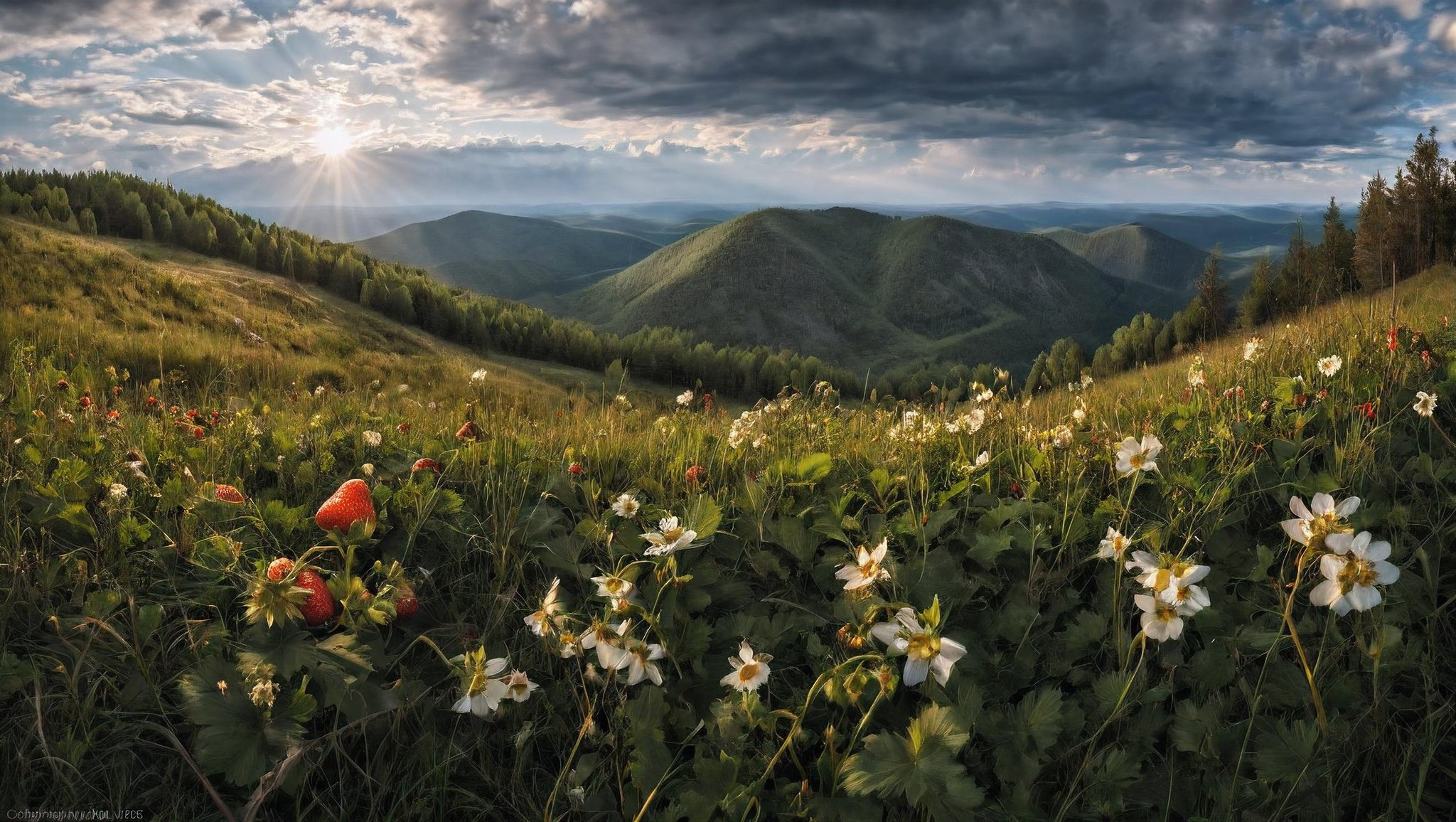 CINEMATIC SHOT, professional photo by Caravaggio of  wild nature, Russia, summer, flowers, woods, hill, grass, birches, strawberries, sunshine, dramatic clouds, rule of thirds, view from surface,  mountains in background, (by Christopher Nolan:1.4),F11,(DOF, Cinematic Color grading, intricate, hyper realistic, detailed, flickr, cinematic lighting)    <lora:Wild_nature_XL:1>