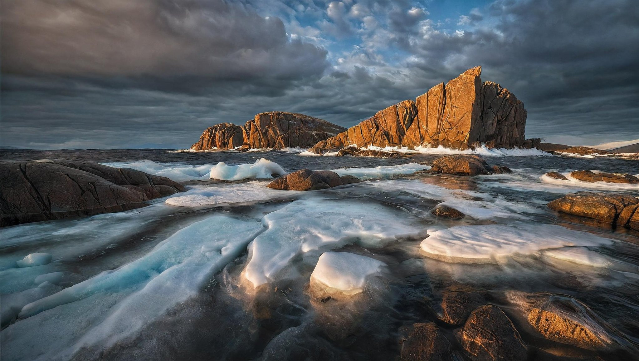 CINEMATIC SHOT, professional photo by Caravaggio of  wild nature, Kola, peninsula, rock formations, cliffs, waves, sunshine, dramatic clouds, rule of thirds, view from surface, mountains, (by Christopher Nolan:1.4),F11,(DOF, Cinematic Color grading, intricate, hyper realistic, detailed, flickr, cinematic lighting)    <lora:Wild_nature_XL:1>