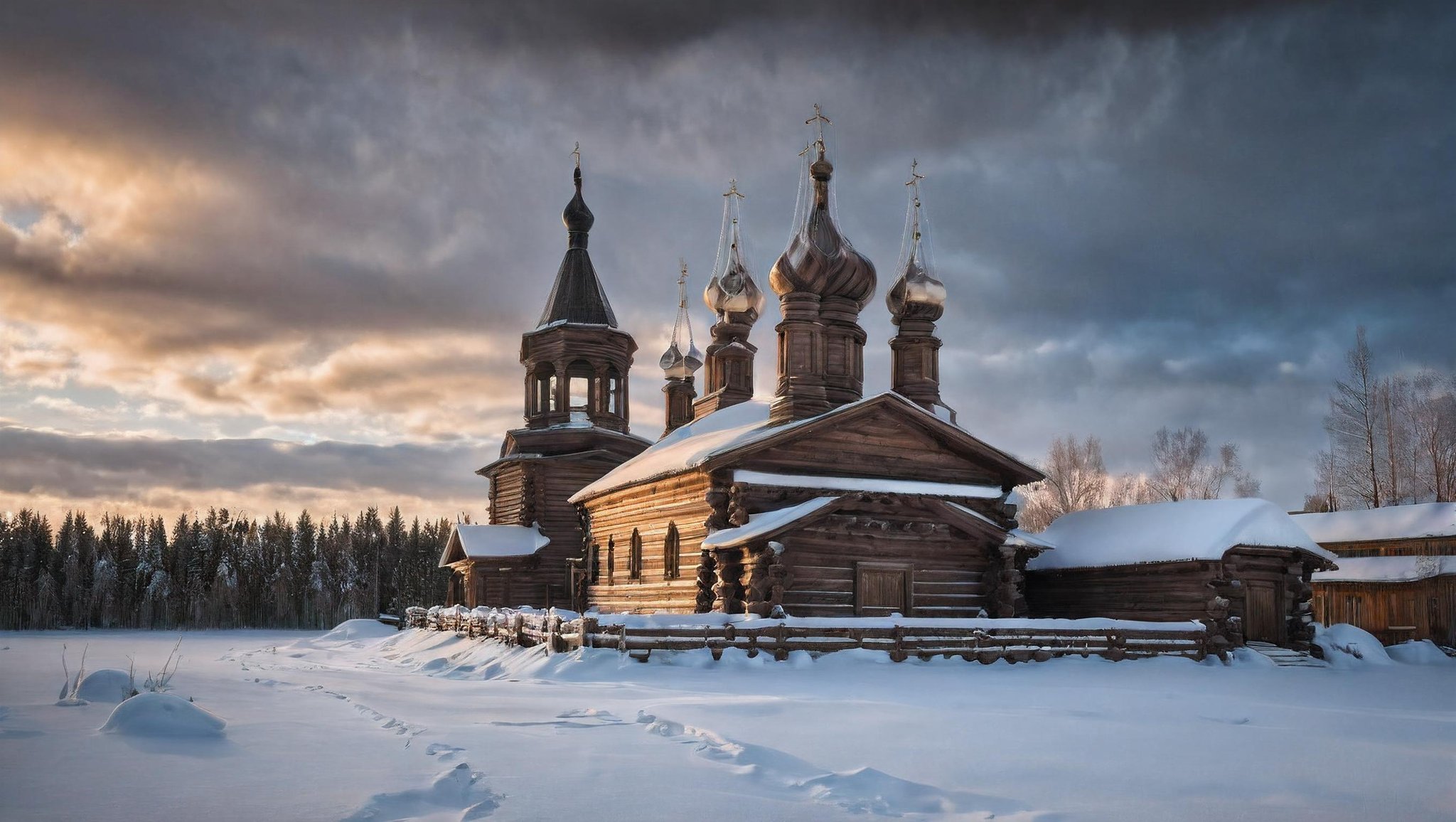 CINEMATIC SHOT, professional photo by Caravaggio of  wild nature, Russia, winter, snow, wooden church, wooden village, dramatic clouds, rule of thirds, view from surface,  (by Christopher Nolan:1.4),F11,(DOF, Cinematic Color grading, intricate, hyper realistic, detailed, flickr, cinematic lighting)    <lora:Wild_nature_XL:1>