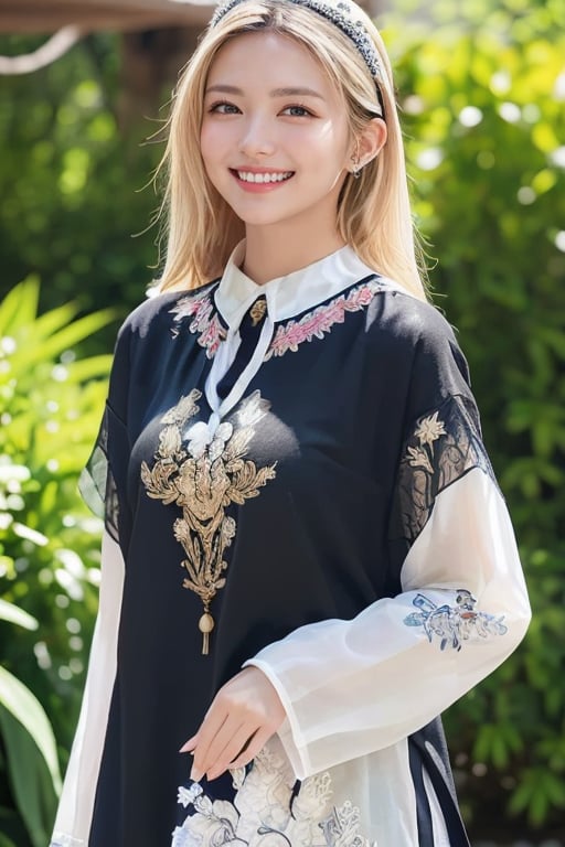 1girl, Beautiful young woman, blonde, smiling, (in beautiful Ukrainian national costume embroidery ornament black, white), sunny day, botanical garden, realistic