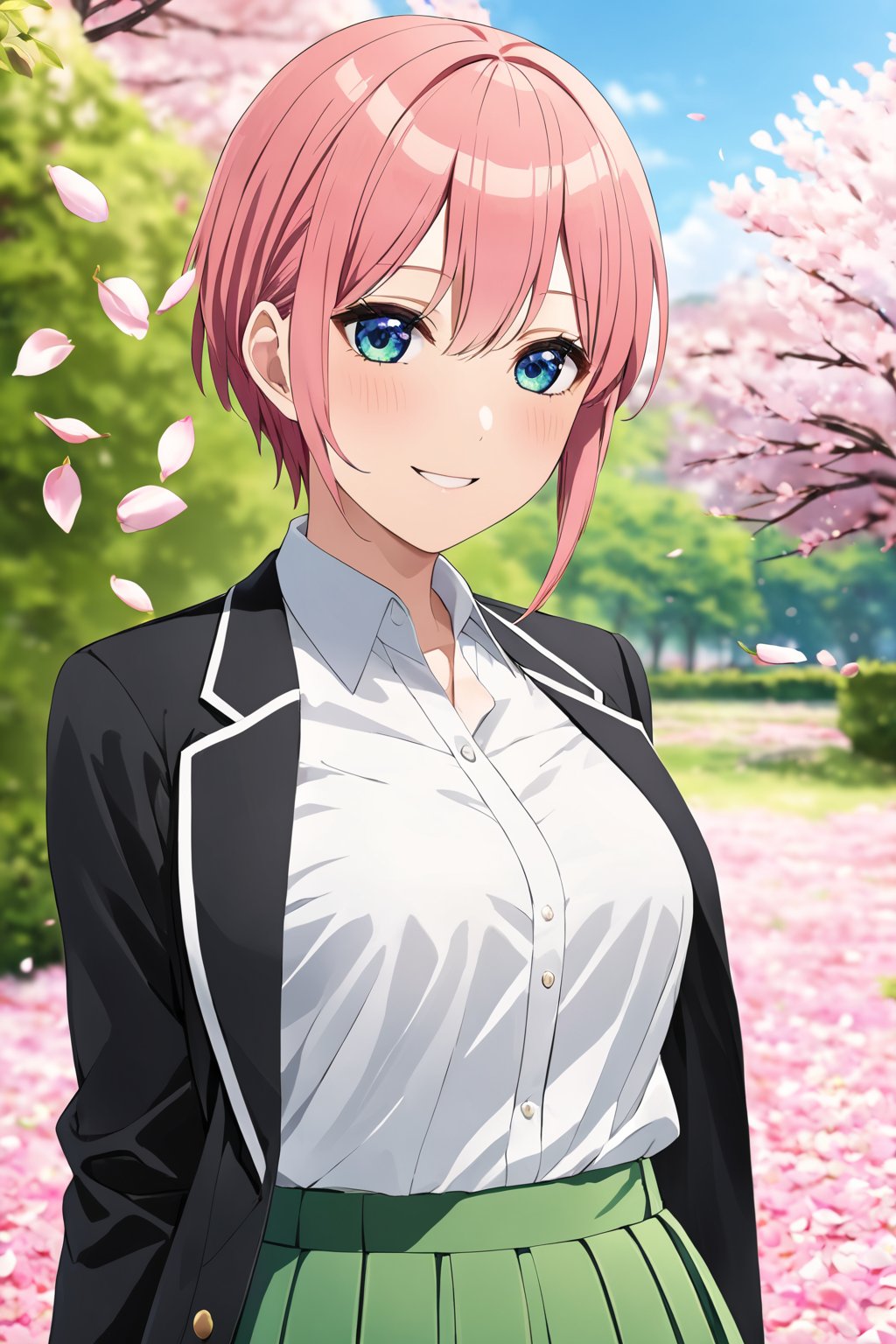 masterpiece, best quality, highres, nakano_ichika, short hair, white shirt, collared shirt, black jacket, blazer, open jacket, long sleeves, clothes around waist, green skirt, pleated skirt, upper_body, standing, outdoors, smile, pink_hair, blue_eyes, petal, petals, blurry, blurry_background<lora:EMS-314411-EMS:1.000000>