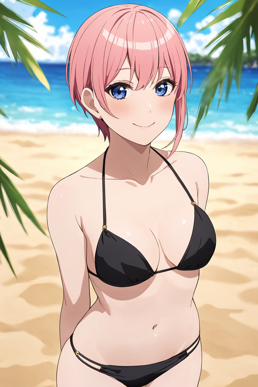 masterpiece, best quality, highres, nakano_ichika, short hair, cowboy shot, smile, pink_hair, blue_eyes, medium_breasts, bikini, black bikini, beach, arms behind back, blurry, blurry_background<lora:EMS-314411-EMS:1.000000>