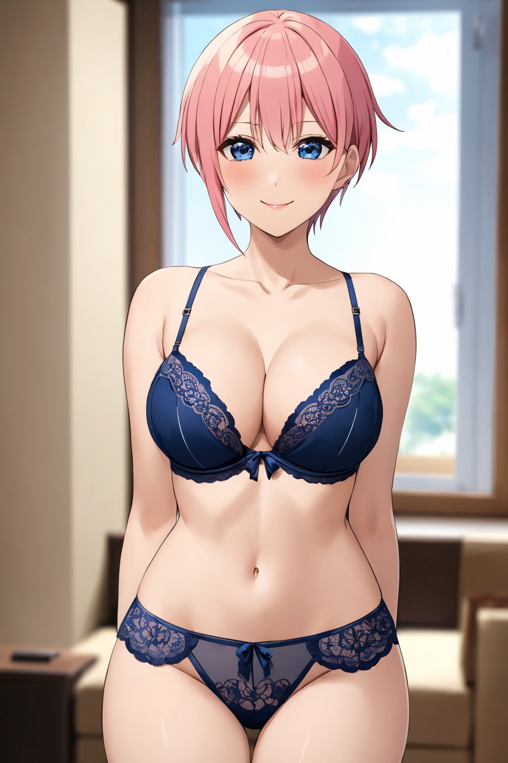 masterpiece, best quality, highres, nakano_ichika, short hair, cowboy shot, smile, pink_hair, blue_eyes, big_breasts, lingerie, sexy lingerie, indoors, arms behind back, blurry, blurry_background<lora:EMS-314411-EMS:1.000000>