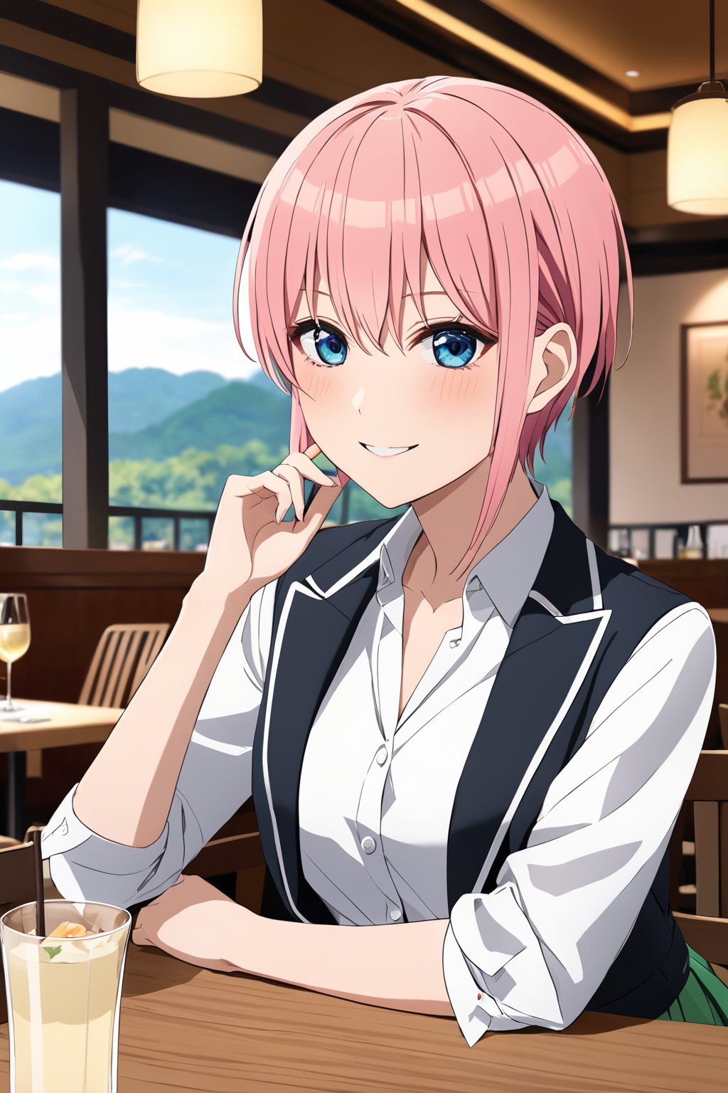 masterpiece, best quality, highres, nakano_ichika, short hair, white shirt, collared shirt, black jacket, blazer, open jacket, long sleeves, clothes around waist, green skirt, pleated skirt, cowboy shot, sitting, restaurant, food, smile, pink_hair, blue_eyes, blurry, blurry_background<lora:EMS-314411-EMS:1.000000>