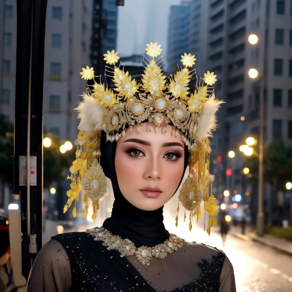 official art, unity 8k wallpaper, ultra detailed, beautiful and aesthetic, masterpiece, best quality, Surrealism, high detail, modern, motion blur, ray tracing, film grain, drop shadow, UHD, masterpiece, anatomically correct, super detail, 4K, Woman with wedding dress,  in a sleek black dress at street in modern Japan at night. Detailed urban setting, city lights reflecting on wet pavement, cyberpunk vibes, anime style, manga-inspired, character design by Huke and Range Murata, 4k resolution, digital painting, dynamic lighting, cinematic feel, taking inspiration from the works of Victoria Frances and Nene Thomas. The resolution should be 4K or higher, by Artgerm, 4k, natural daylight, white head crown with full ornament, perfection, ultra high res, hijab wedding,firefliesfireflies