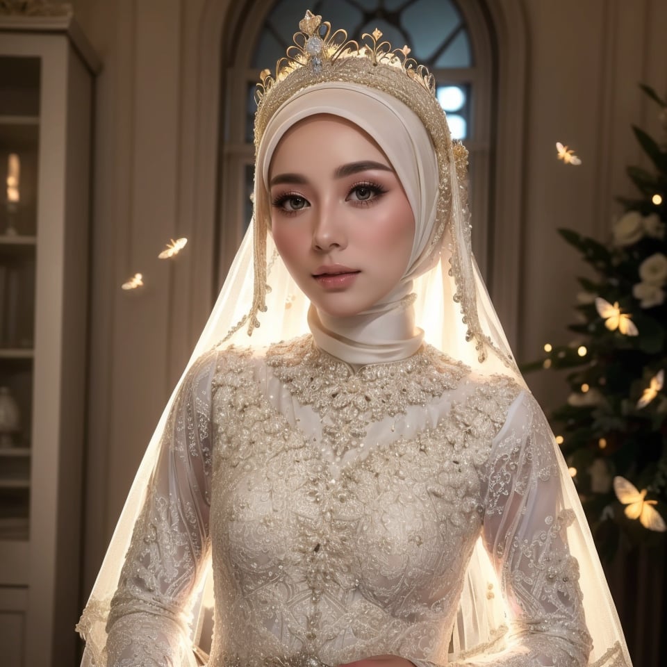 official art, unity 8k wallpaper, ultra detailed, beautiful and aesthetic, masterpiece, best quality, Surrealism, high detail, modern, motion blur, ray tracing, film grain, drop shadow, UHD, masterpiece, anatomically correct, super detail, 4K, A graceful woman with hijab and hair ornament, (wedding dress:1.4) dressed in an ethereal angel gown with intricate lace and delicate embroidery, surrounded by a soft glow. The artwork should have a cinematic feel with dramatic lighting and a mystical setting. The artist's style should be realistic and highly detailed, taking inspiration from the works of Victoria Frances and Nene Thomas. The resolution should be 4K or higher, by Artgerm, 4k, natural daylight, white head crown with full ornament, perfection, ultra high res, hijab wedding,firefliesfireflies