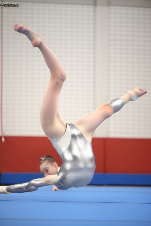 Teen girl in silver shiny Leotard doing gymnastics with spread legs crotch faced to viewer, full body shot,Leotard