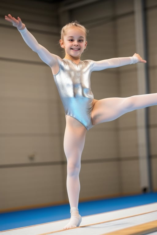 Teen girl in silver shiny Leotard doing gymnastics, full body shot