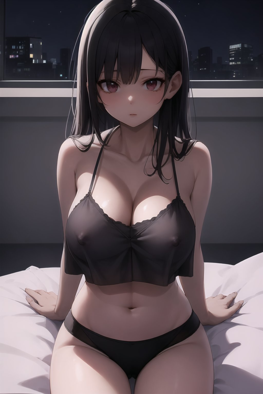 masterpiece, crop top overhang,  1girl , sitting, on bed, bed frame, long hair, camisole, covered nipples, cleavage, black panties,  ((at night, darkness)), (v-arms,)  <lora:crop_top_overhang_v2-000005:0.8> <lora:darkness_v100:0.7>