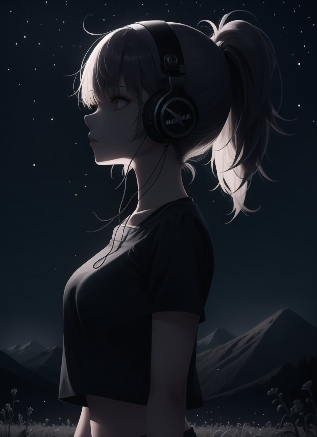 masterpiece, crop top overhang, 1girl , from side,  (at night, darkness, no light), outdoors, (low ponytail), messy hair, sidelocks, field, milky way, mountains,  headphones, colorful, looking up, <lora:crop_top_overhang_v2-000005:0.8>  <lora:darkness_v100:0.6>