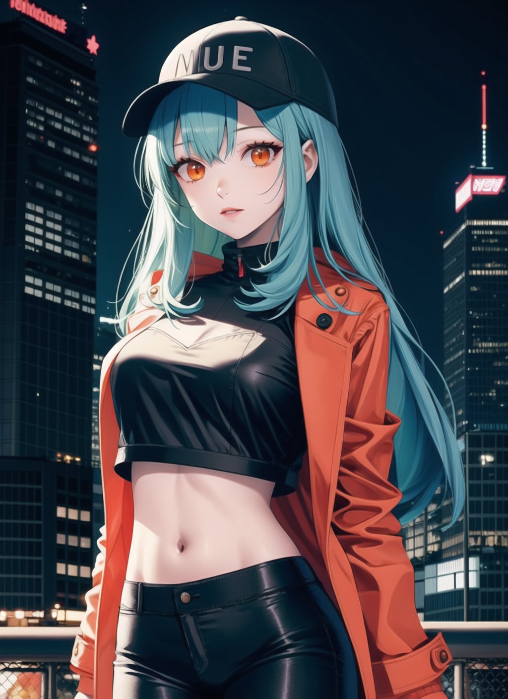 crop top overhang, 1girl, medium breasts, long hair, light blue hair, orange eyes, (orange coat), black pants, baseball cap, evening, cityscape, cyberpunk aesthetic,      <lora:crop_top_overhang_v2-000005:0.8>