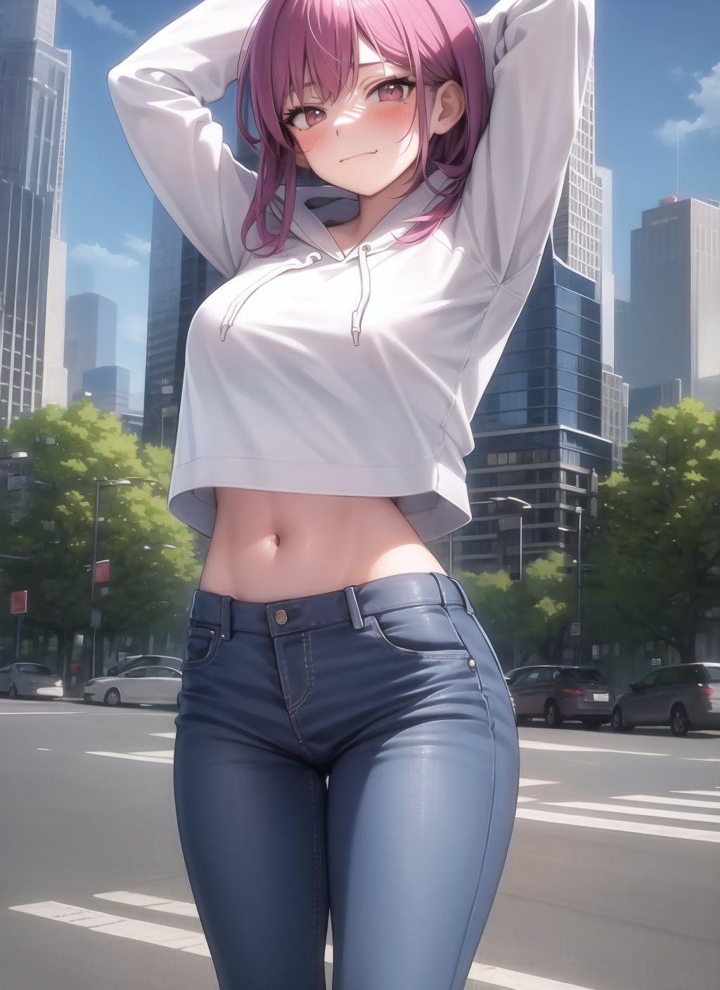masterpiece, best quality,  1girl,  perfect lighting, crop top overhang, hoodie, long sleeves, arms up, smug, closed mouth, blush, outdoors, cityscape, jeans,<lora:crop_top_overhang_v2-000005:0.9>