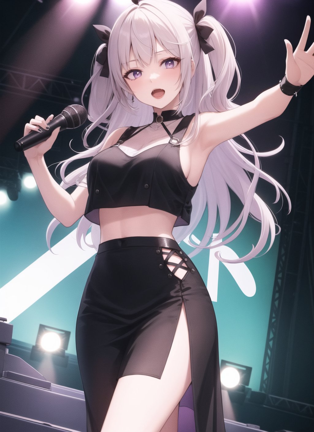 masterpiece, crop top overhang,  1girl ,  spotlight, stage,   holding microphone, open mouth, two side up, medium breasts,  long dress, colorful, reaching, lens flare, <lora:crop_top_overhang_v2-000005:0.9>