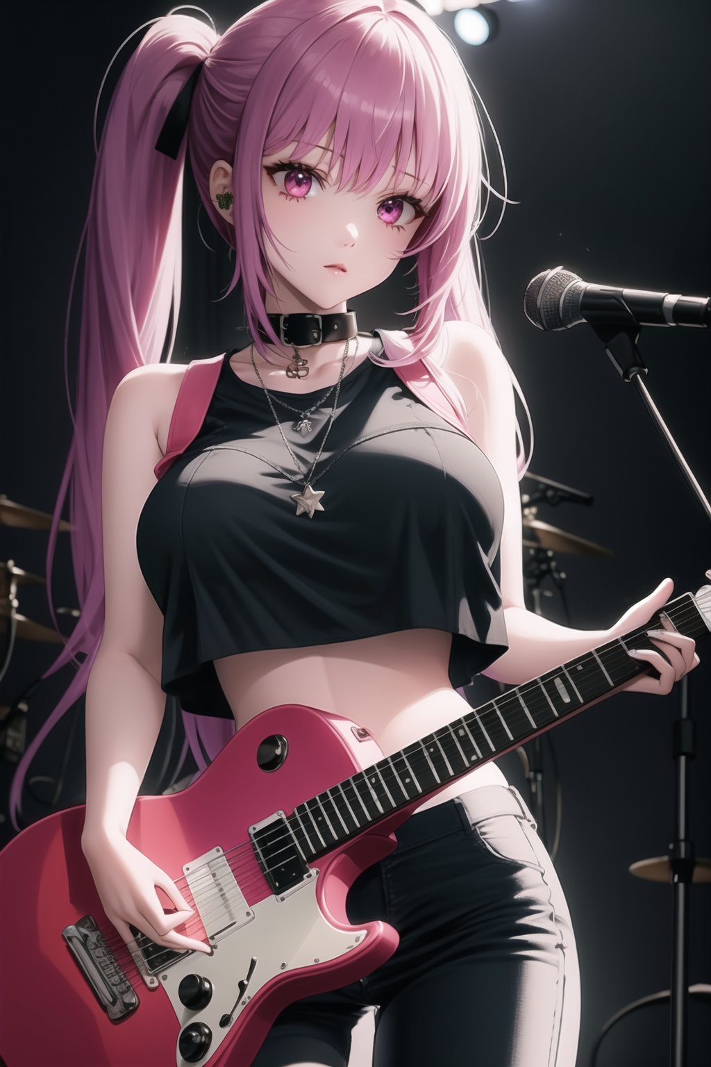 masterpiece, crop top overhang, 1girl , large breasts, concert,  spotlight, (playing guitar),   two-tone hair,  lace trim,  punk, emo, black pants,long hair, sleeveless, collar, <lora:crop_top_overhang_v2-000005:0.8>