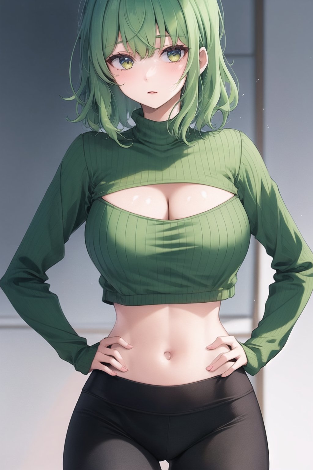 1girl, green hair, (green open-chest sweater), cleavage cutout,  ribbed sweater,  (crop top overhang), large breasts,  medium hair, hands on hips, yoga pants, perfect lighting, cowboy shot,  <lora:crop_top_overhang_v2:0.8>  <lora:keyhole_turtleneck_v1.5:0.8>