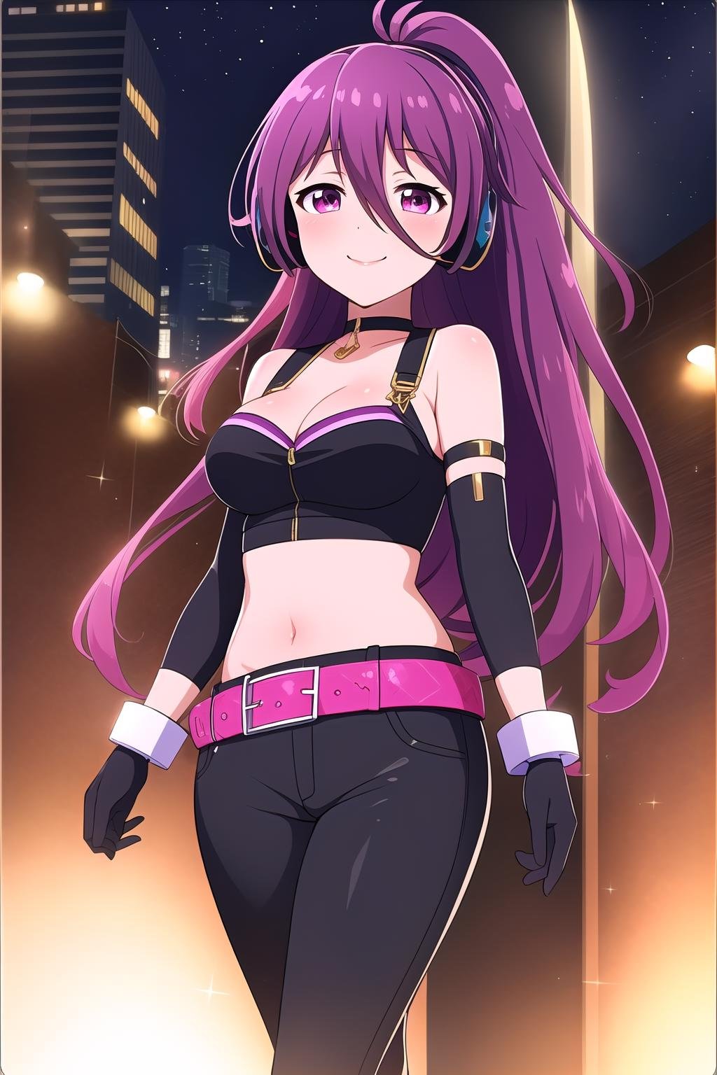 (masterpiece, best quality), highly detailed background, perfect lightingbest quality, tsubuzakianko, solo, outdoors, virtual youtuber, purple hair, antenna hair, high ponytail, headphones, hair between eyes, very long hair, pink eyes, choker, medium breasts, crop top, cleavage, bare shoulders, black gloves, elbow gloves, armlet, belt, pants, purple pantyhose, smile, closed mouth, pink lips, <lora:Tsubuzaki-Anko:0.7>