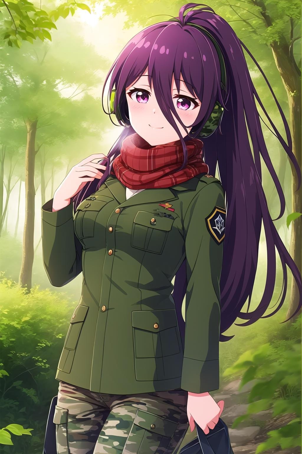 (masterpiece, best quality), highly detailed background, perfect lightingbest quality, tsubuzakianko, solo, outdoors, forest, nature, military, purple hair, antenna hair, high ponytail, headphones, hair between eyes, very long hair, pink eyes, red scarf, medium breasts, green jacket, camouflage pants, military uniform, smile, school uniform, closed mouth, pink lips, <lora:Tsubuzaki-Anko:0.7>