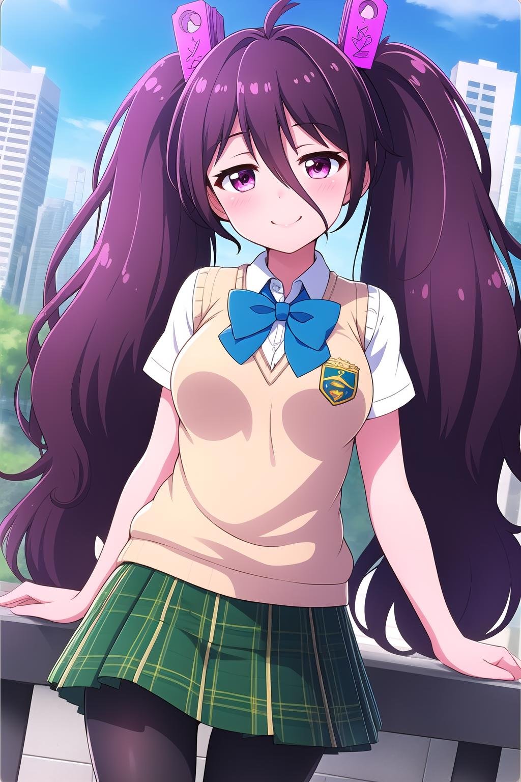 (masterpiece, best quality), highly detailed background, perfect lightingbest quality, tsubuzakianko, solo, outdoors, city, purple hair, antenna hair, twintails, hair ornament, hair between eyes, very long hair, pink eyes, medium breastswhite shirt, sweater vest, blue bowtie, green skirt, plaid skirt, black pantyhose, smile, school uniform, closed mouth, pink lips, <lora:Tsubuzaki-Anko:0.7>