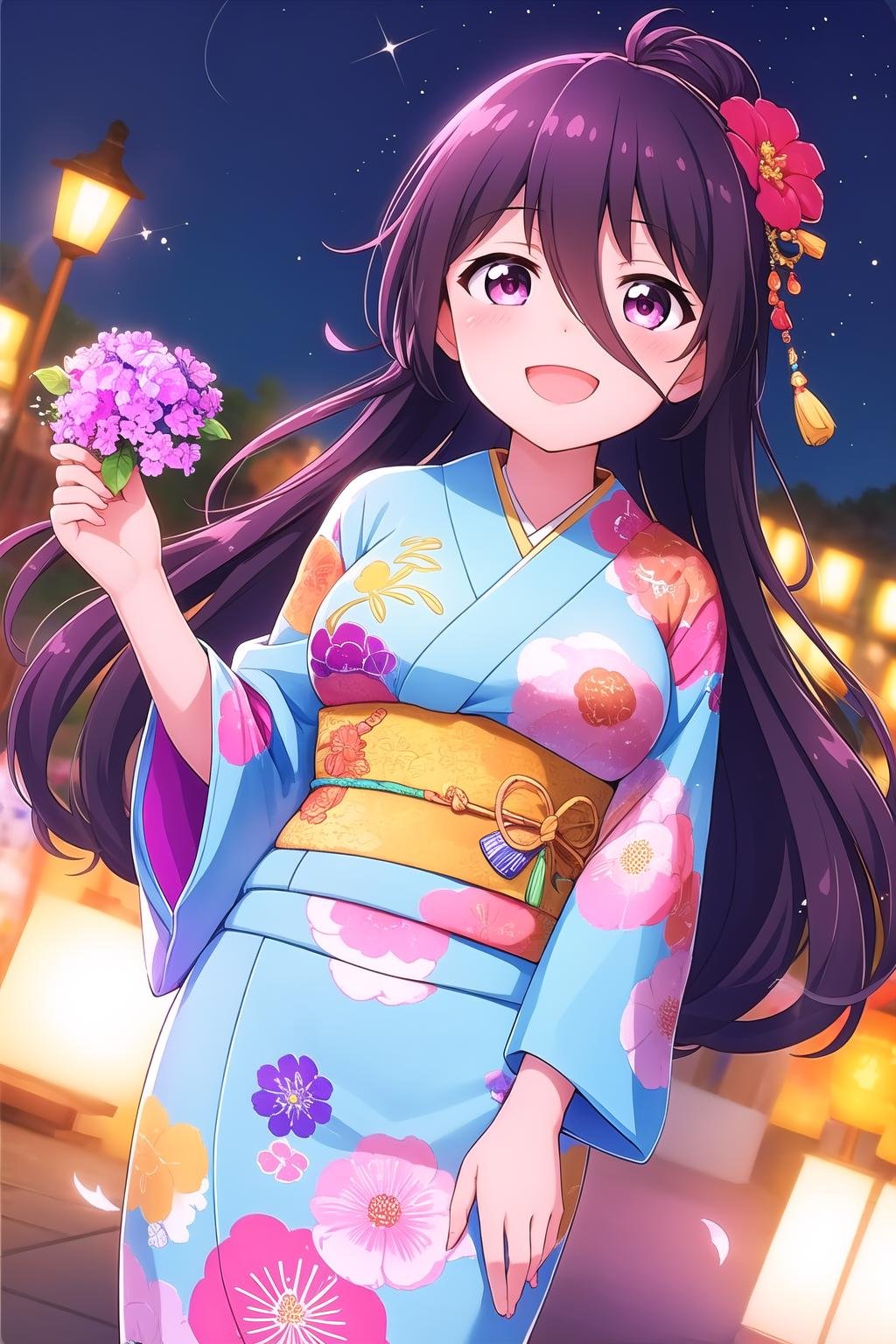 (masterpiece, best quality), highly detailed background, perfect lightingbest quality, tsubuzakianko, solo, outdoors, night, summer festival, purple hair, antenna hair, high ponytail, hair flower, hair between eyes, very long hair, pink eyes, medium breasts, pink kimono, floral print, japanese clothes, smile, open mouth, :d, pink lips, <lora:Tsubuzaki-Anko:0.7>