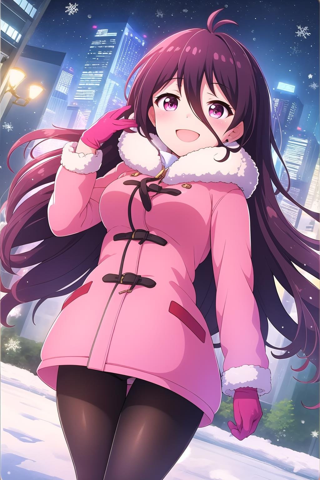 (masterpiece, best quality), highly detailed background, perfect lightingbest quality, tsubuzakianko, solo, outdoors, city, winter, purple hair, antenna hair, hair between eyes, very long hair, pink eyes, medium breasts, pink coat, fur trim, red gloves, brown shorts, black pantyhose, winter clothes, smile, open mouth, :d, pink lips, <lora:Tsubuzaki-Anko:0.7>