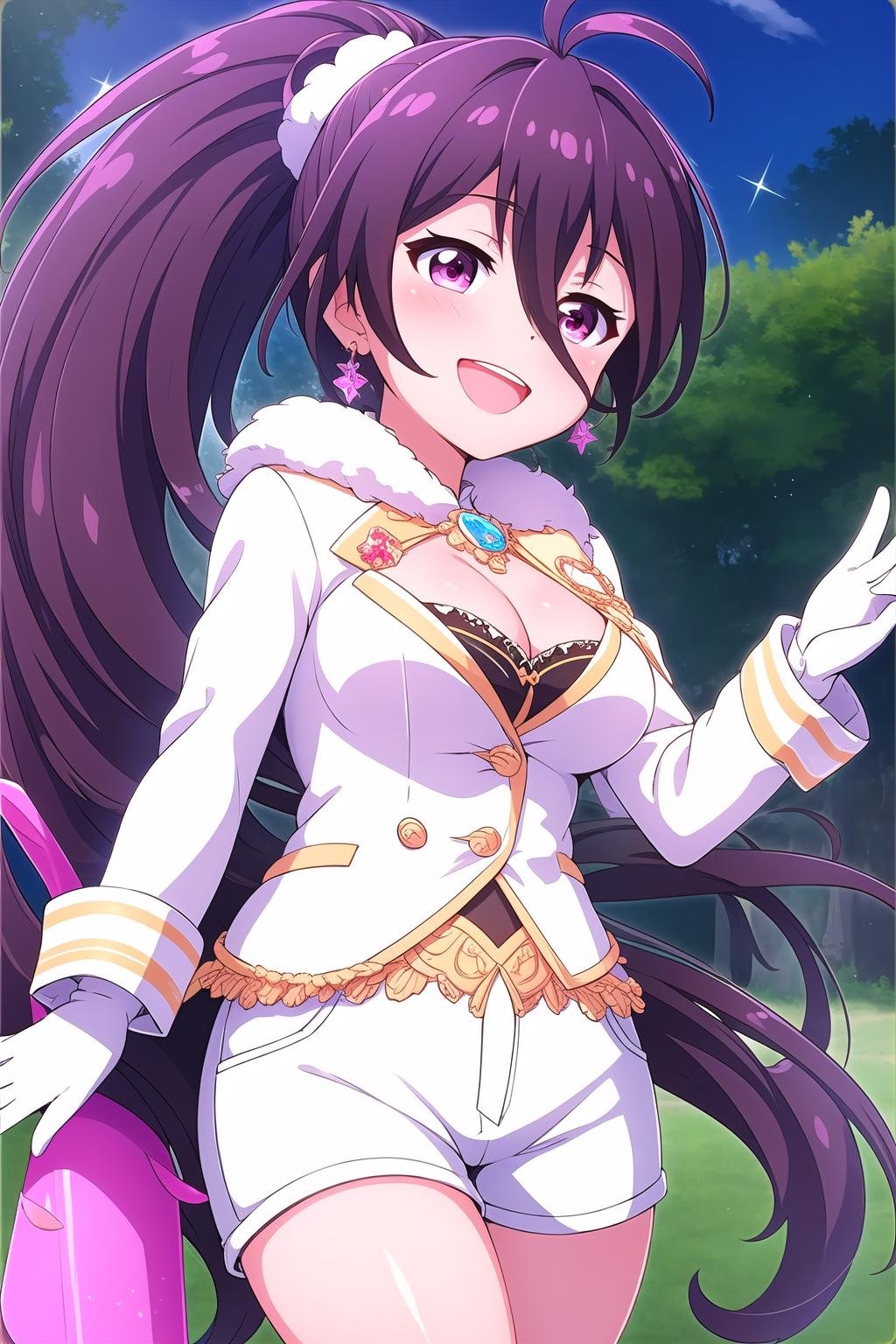 (masterpiece, best quality), highly detailed background, perfect lightingbest quality, tsubuzakianko, solo, outdoors, idol, purple hair, antenna hair, high ponytail, hair scrunchie, white scrunchie, hair between eyes, very long hair, pink eyes, earrings, jewelry, medium breasts, fur trim, cleavage, long sleeves, white gloves, white shorts, short shorts, smile, open mouth, :d, pink lips, <lora:Tsubuzaki-Anko:0.7>